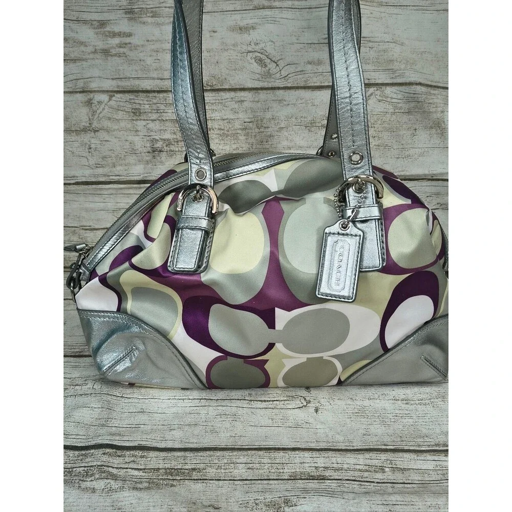 Coach Optic Convertible Scarf Print Carry All F17409 Purple Silver Taupe Sateen